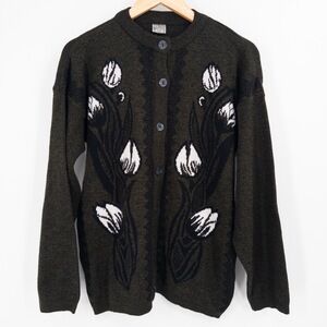 Y2K Turkish‎ Cardigan Womens S Olive Green Floral Tulip Knit Cozy Cottage Retro